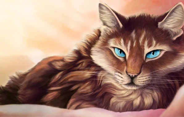 Picture cat, eyes, look, blue, lies, blanket, art