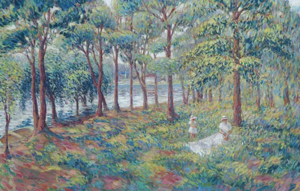 Picture trees, landscape, river, picture, genre, Henri Lebacq, Madame Lebasque and Daughter by the Marne