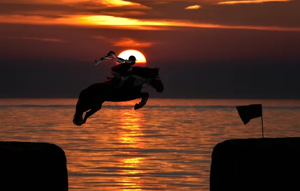 Picture sunset, the ocean, jump, horse, The sun, rider