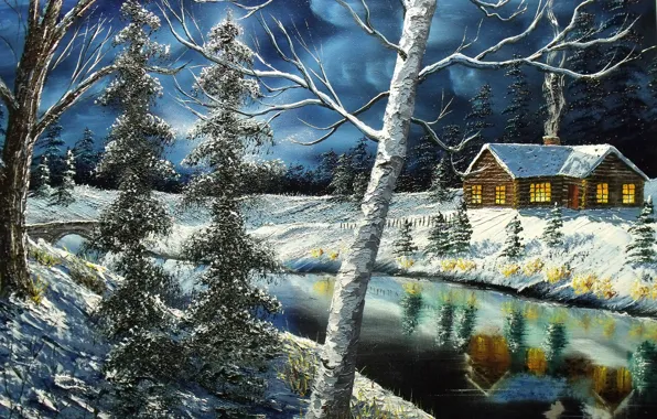 Picture winter, the sky, trees, reflection, Windows, house, river, painting, canvas