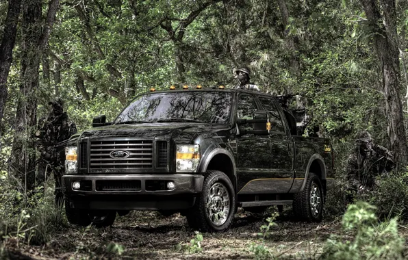 Picture forest, background, people, black, Ford, Ford, jeep, SUV, camouflage, pickup, the front, F-350, Super Duty, …