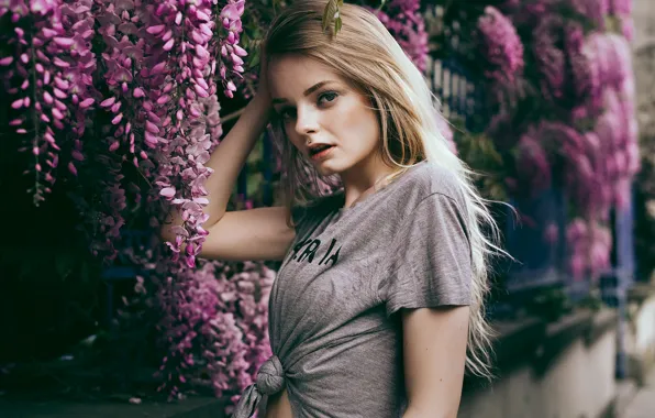Picture look, girl, flowers, fence, piercing, t-shirt, blonde