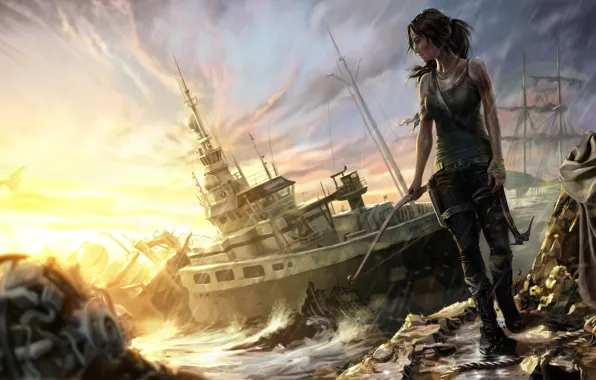 Picture girl, ship, Tomb Raider, Croft, Lara