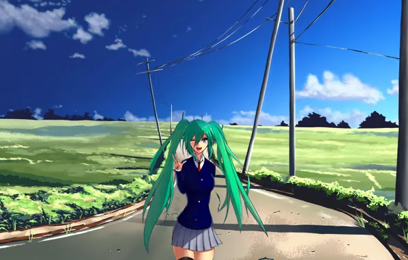 Picture road, the sky, clouds, lawn, posts, hair, art, blue, Vocaloid, Vocaloid, long, green, Hatsune miku