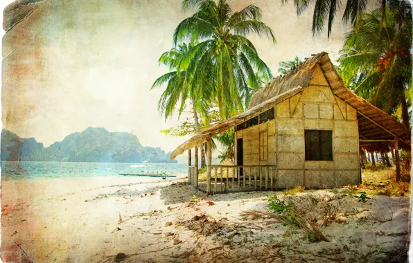 Picture sea, beach, Palma, hut, boat, vintage, vintage, coconuts