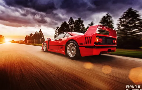 Picture road, light, red, clouds, glare, speed, Ferrari, F40