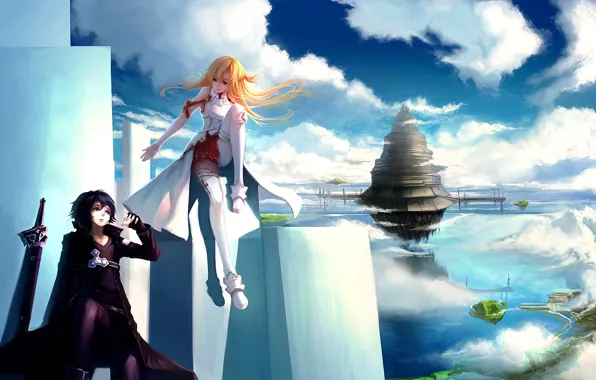 Picture girl, clouds, the city, weapons, tower, art, plate, guy, in the sky, sword art online, …
