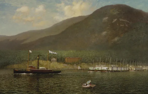 Picture mountains, river, boat, ship, tug, painting, James Gale Tyler