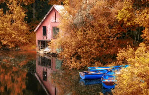 Picture autumn, lake, boats, landscape, nature, autumn, leaves