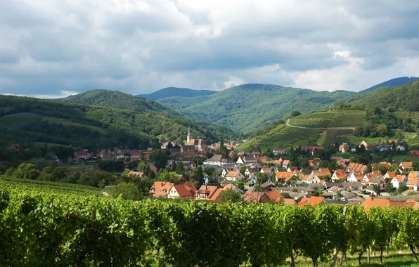 Picture the sky, clouds, trees, mountains, clouds, the city, France, home, grapes, town, the vineyards