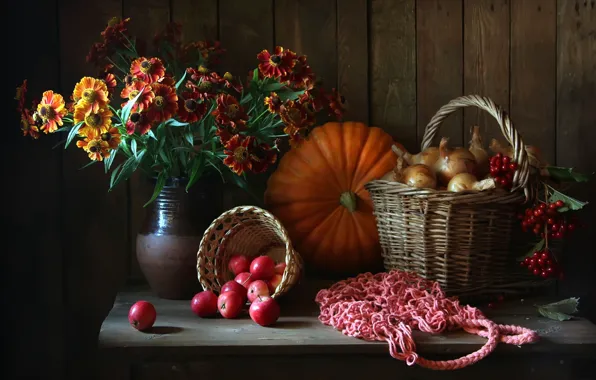 Picture flowers, basket, apples, pumpkin, pitcher, still life