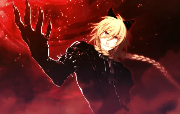 Picture hand, the demon, spikes, sparks, braid, red eyes, ears, blonde, visual novel, Lamento, Leaks, Kazuaki