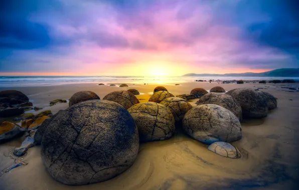 Picture sand, beach, the sky, sunrise, stones, the ocean, New Zealand, Moeraki Boulders, Moeraki boulders