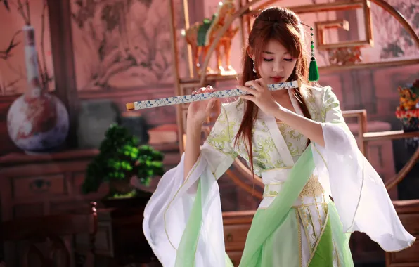 Picture girl, music, tool, flute