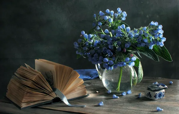 Picture flowers, blue, box, book, vase, still life, spring