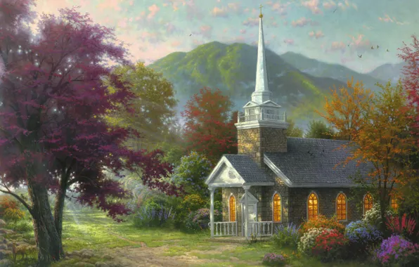 Picture trees, flowers, mountains, nature, painting, chapel, the rays of the sun, nature, flowers, Thomas Kinkade, …