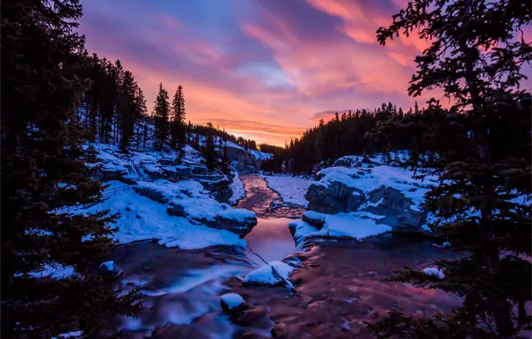Picture river, winter, snow, morning, Kananaskis country, Elbow falls