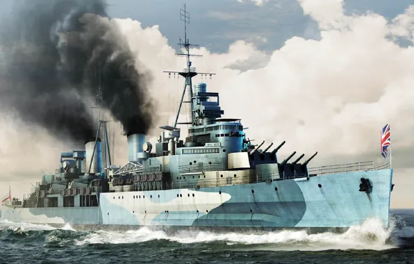 Picture ship, art, Navy, military, cruiser, British, cruiser, WW2, Belfast, HMS