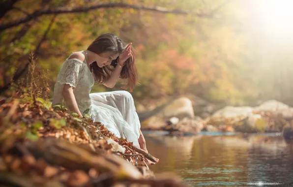 Picture autumn, nature, mood, dress, brown hair, river, sitting, in white, bokeh, the water