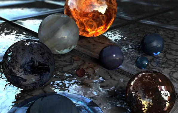 Picture glass, fire, balls, tile, planet, solar system, sphere