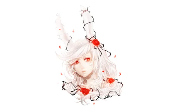 Picture white, hare, Girl, ears, red eyes, personification, red roses