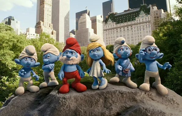 Picture the city, men, New York, blue, cartoons, Smurfs, gnomes, The Smurfs, Smurfs