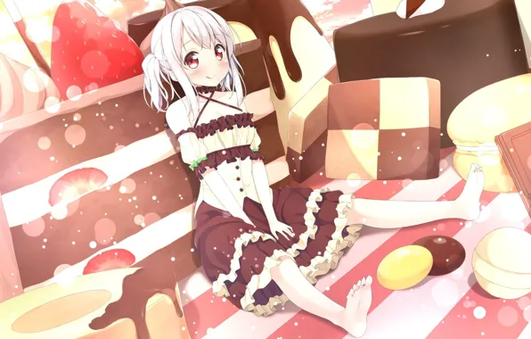 Picture chocolate, cookies, girl, sweets, cake, blush, sitting, ruffles, barefoot