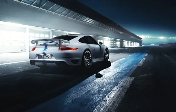 Picture Auto, Night, White, 911, Porsche, Machine, Light, Supercar, Turbo, Track, Sports car, Rear view, by …