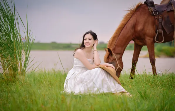 Picture girl, face, smile, hair, horse