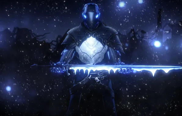 Picture sword, armor, art, helmet, sci-fi, ice. snow