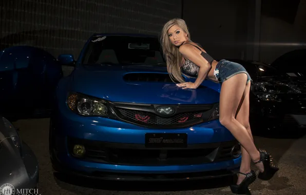 Picture auto, look, girl, Girls, Subaru, leaned on the hood