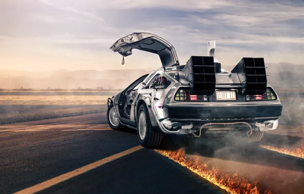 Picture flame, silver, fire, road, DeLorean, DMC-12, rear, silvery, the DeLorean, Back to the Future