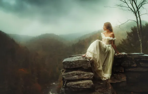Picture autumn, girl, river, stone, height, TJ Drysdale, Stay