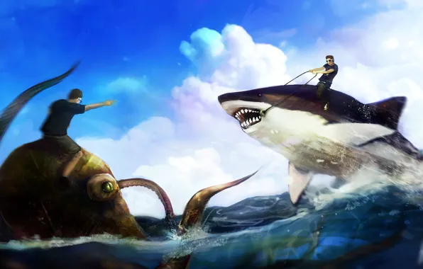 Picture sea, humor, shark, art, rage, octopus, mouth, tentacles, rider, guys, the fight, top