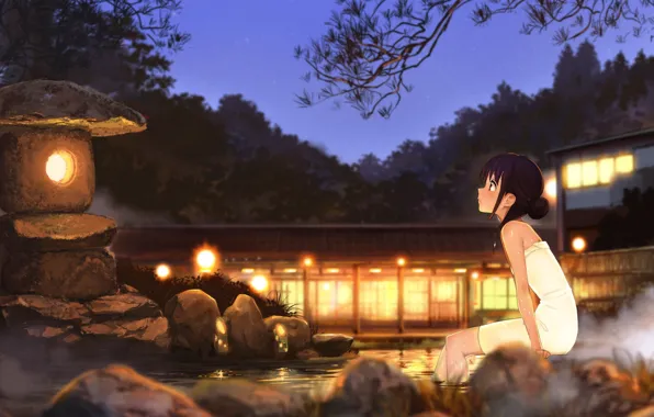 Picture water, girl, night, art, hot springs