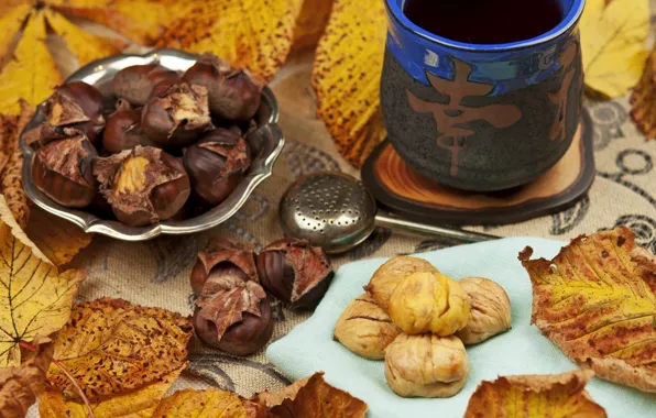 Picture autumn, leaves, tea, character, chestnuts, strainer