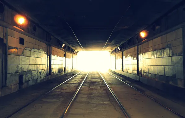 Picture road, light, rails, The tunnel