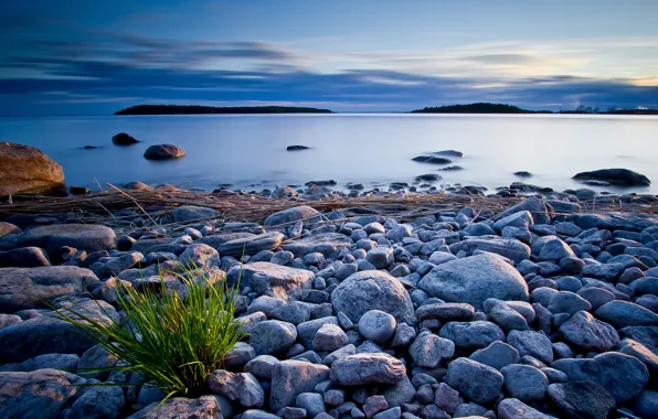 Picture the sky, clouds, lake, stones, shore, the evening