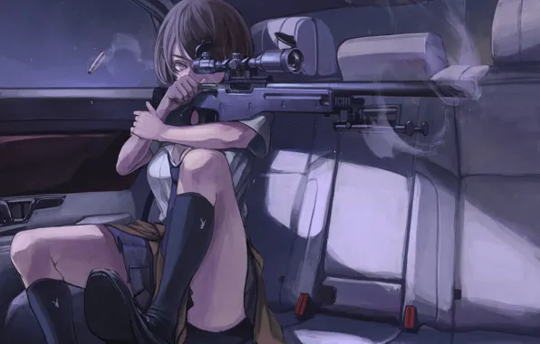 Picture auto, girl, sniper, car, anime, aiming, art, snayperskaya rifle, terabyte