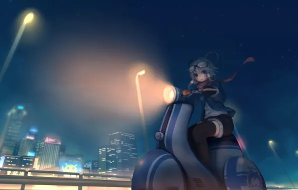 Picture night, the city, art, lights, girl, vocaloid, scooter, need6699955, luo tianyi