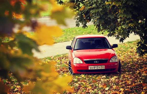 Picture road, autumn, leaves, drives, red, prior, priora, Lada 2170