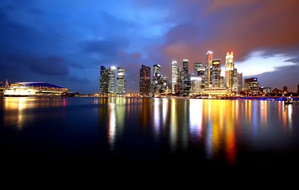 Picture water, night, lights, reflection, coast, skyscrapers, Bay, Singapore
