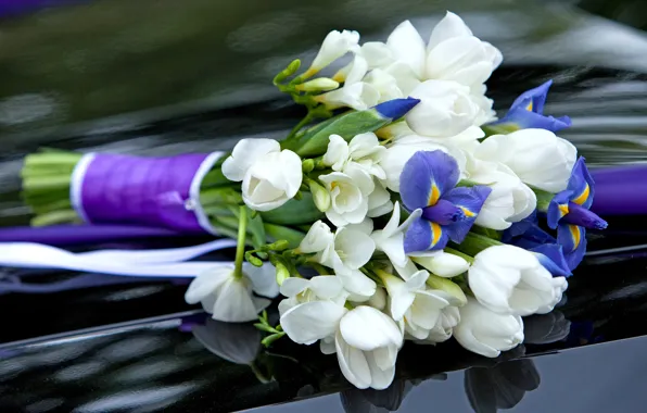 Picture flowers, bouquet, purple, crocuses, tulips, white, iris