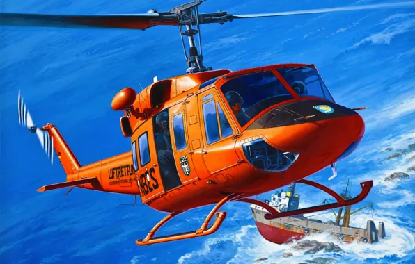 Picture art, airplane, painting, aviation, Bell USAF UH-1N AB 212 German SAR helicopter
