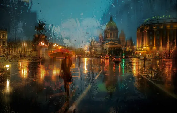 Picture girl, rain, umbrella, Peter, St Petersburg, St. Isaac's square