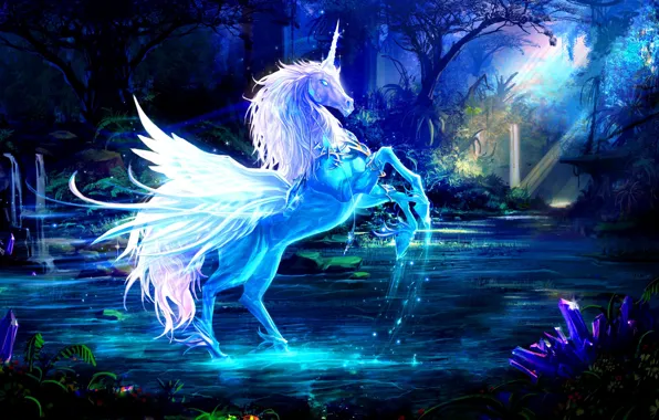 Picture forest, water, rays, horse, art, unicorn