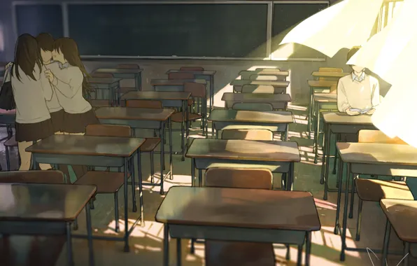 Picture the sun, girls, Windows, anime, art, book, form, class, guy, curtains, students, desks, loundraw