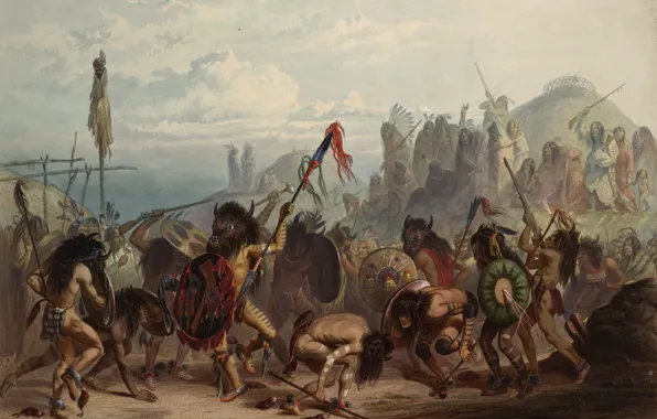 Picture picture, painting, painting, Karl Bodmer, Bison dance of the Mandan indians, 1834, Bodmer