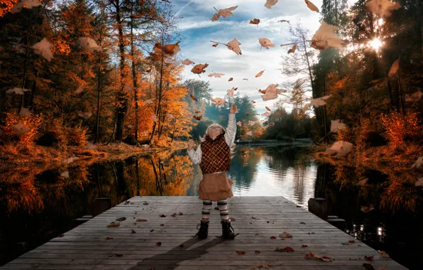 Picture autumn, leaves, joy, girl