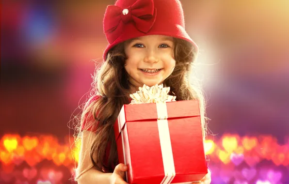 Picture joy, smile, mood, gift, girl, child, bokeh